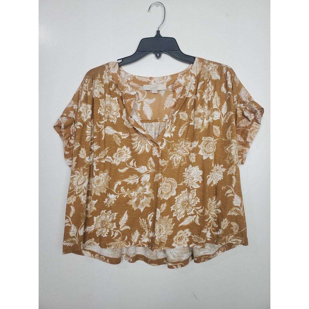 LOFT Boho Floral Blouse – Mustard, Women's Size S, Oversized, 100% Cotton
